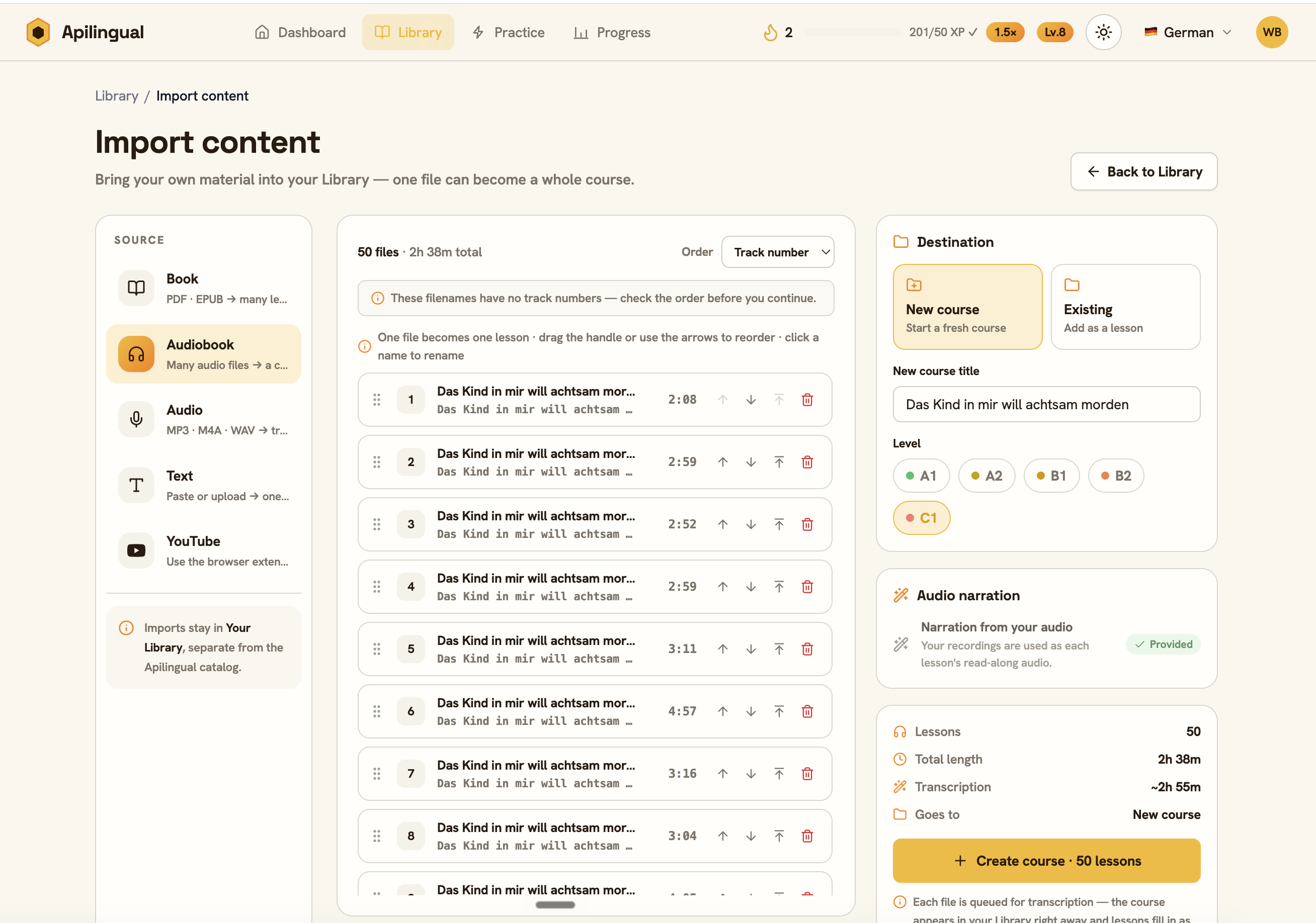 The Apilingual audiobook import screen, where you select all of an audiobook's files at once and Apilingual builds a single course with one transcribed, read-along lesson per file.
