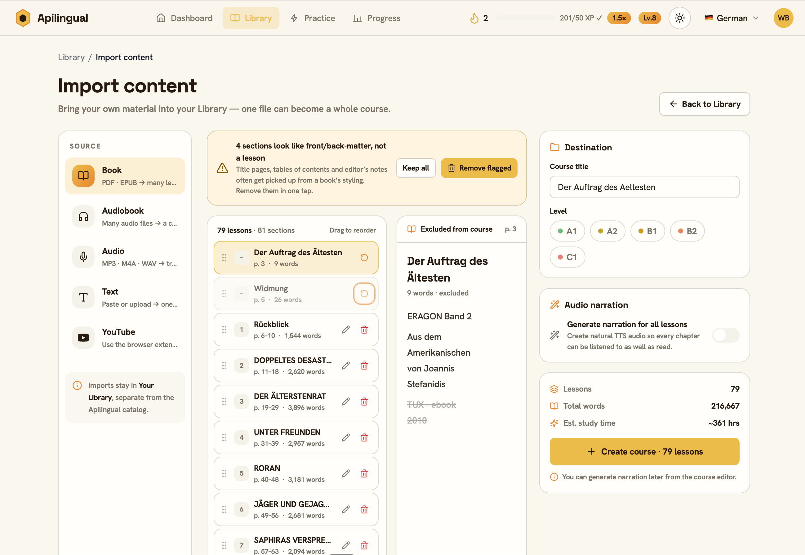 The Apilingual ebook import screen, where you drop in an EPUB or text-layer PDF and Apilingual splits it into a course with one lesson per chapter.