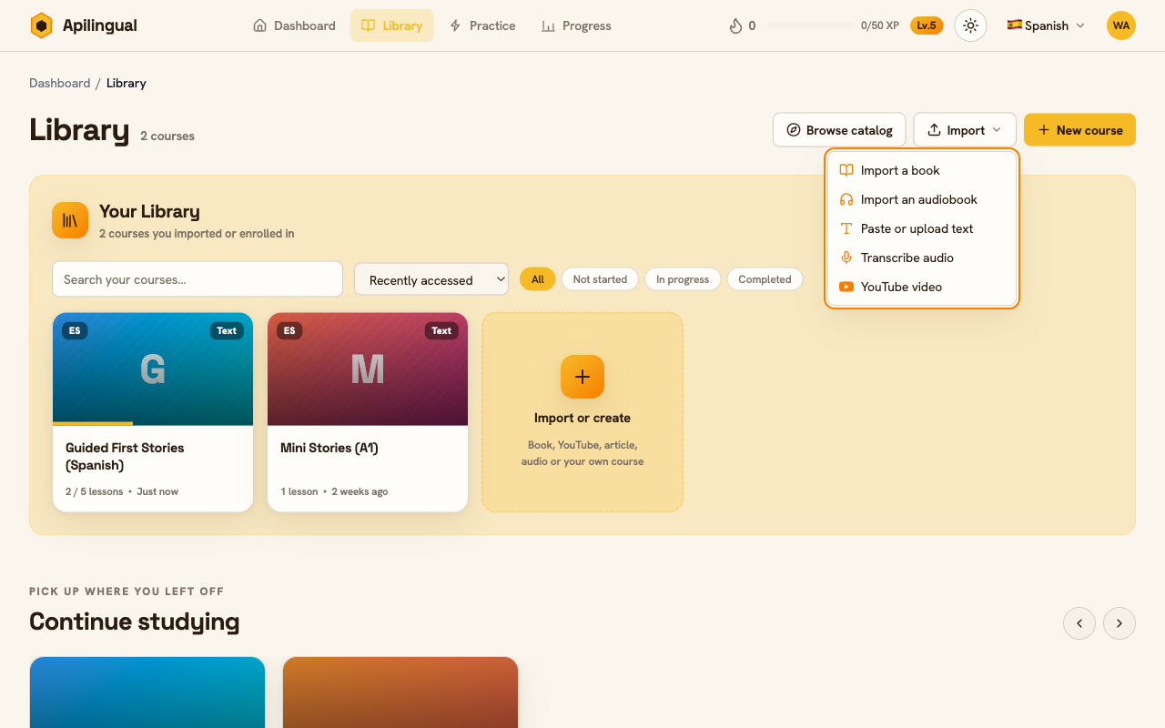 The Apilingual import screen showing options to paste or upload text, import an EPUB or PDF ebook, upload audio, import a whole audiobook, and a pointer to the browser extension for YouTube.