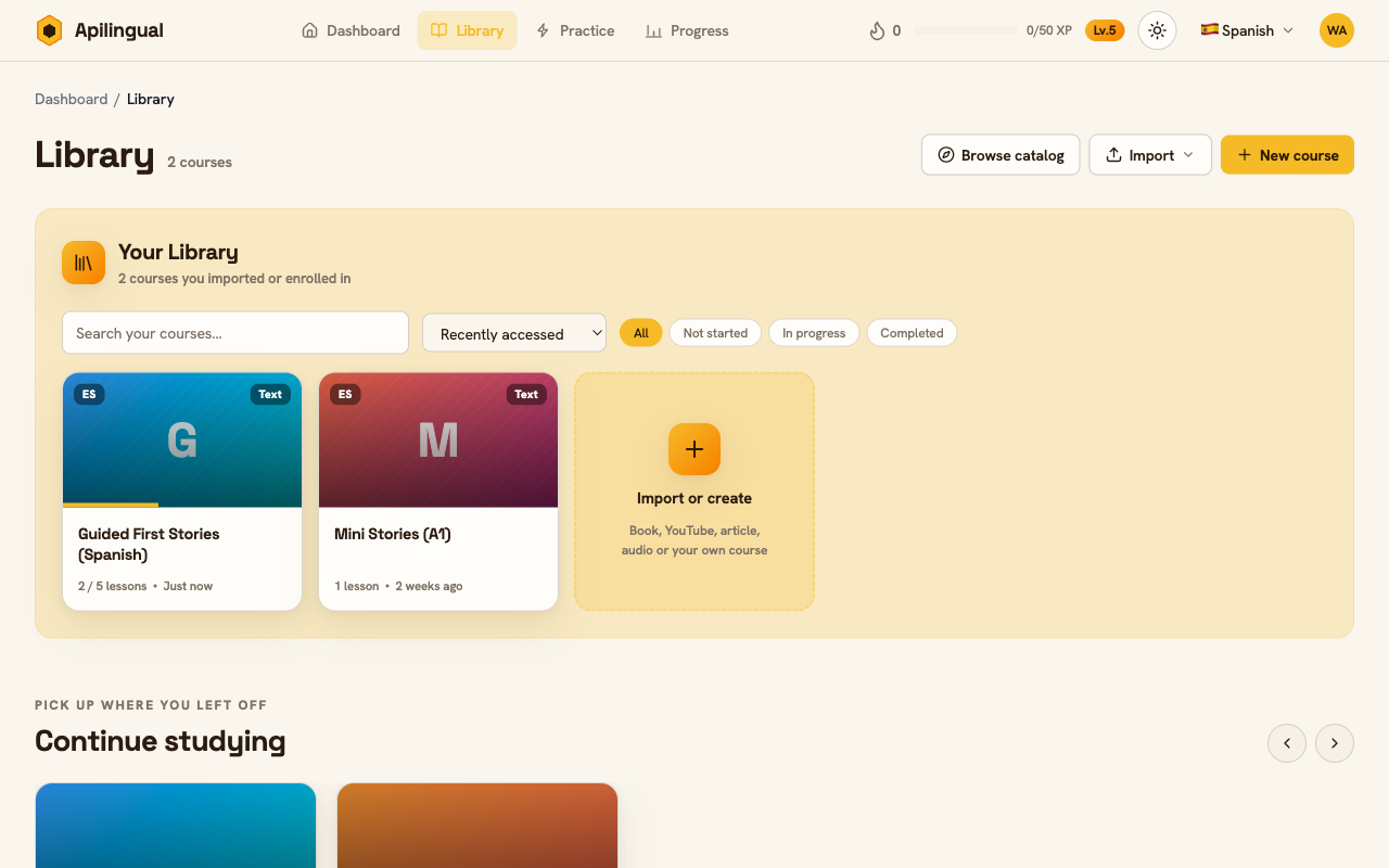 The Apilingual library showing your courses and collections, with options to import content or start a new course.