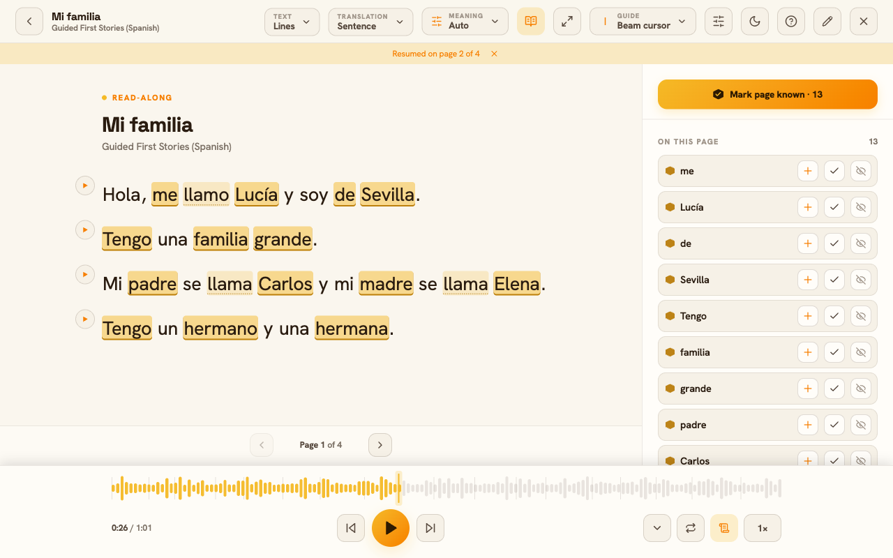 An Apilingual read-along lesson in the reader, with the currently spoken sentence highlighted and individual words shaded by their known, learning, and new status.